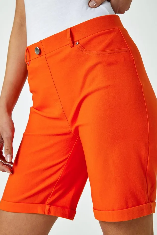 Orange Elastic Waist Turn Up Stretch Shorts Women Roman Trousers