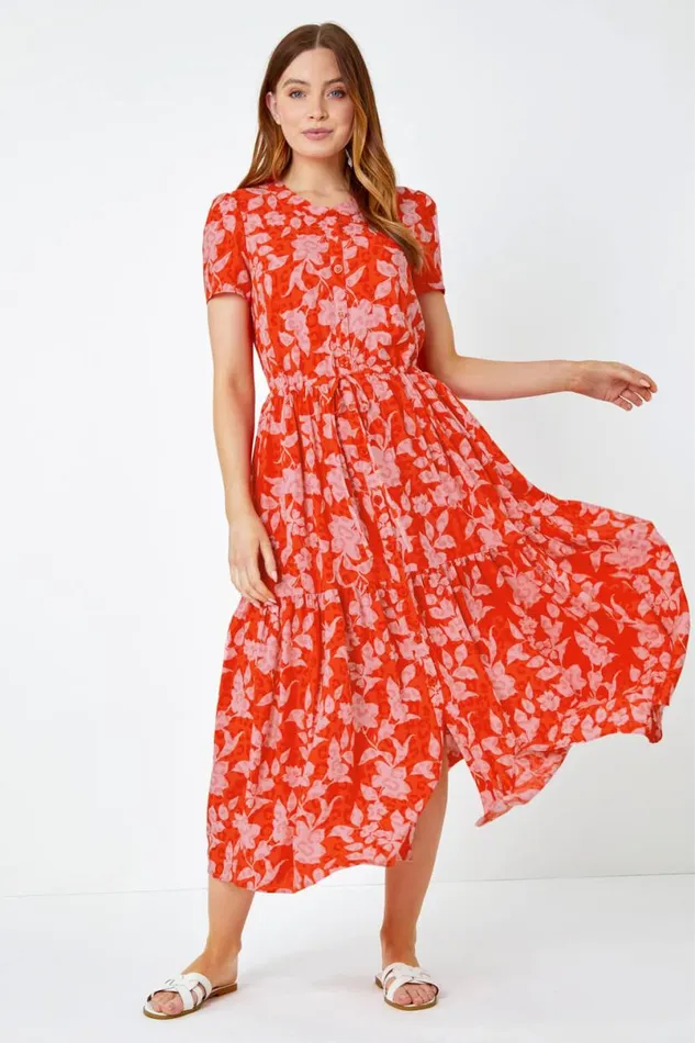 Orange Floral Animal Print Tiered Midi Dress Women Roman Dresses