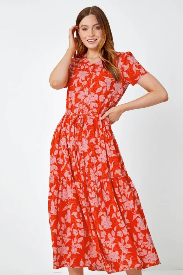 Orange Floral Animal Print Tiered Midi Dress Women Roman Dresses