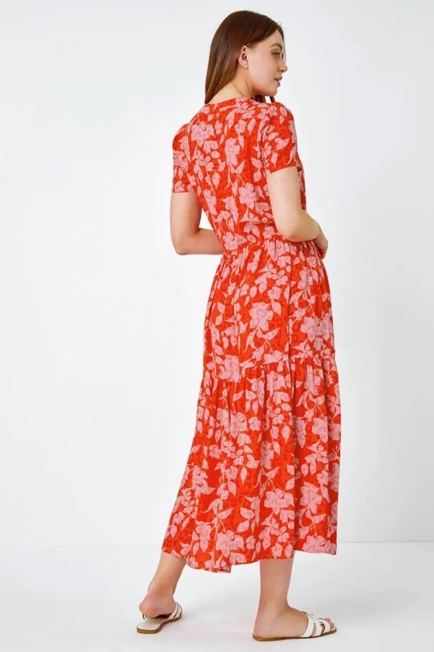 Orange Floral Animal Print Tiered Midi Dress Women Roman Dresses