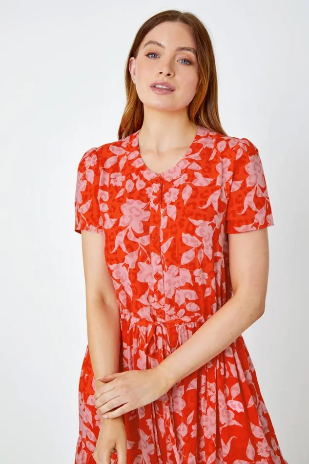 Orange Floral Animal Print Tiered Midi Dress Women Roman Dresses