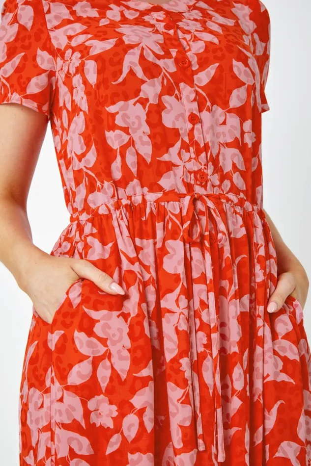 Orange Floral Animal Print Tiered Midi Dress Women Roman Dresses