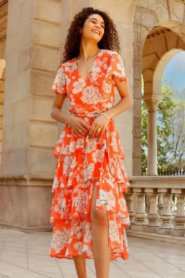 Orange Floral Print Chiffon Tiered Midi Dress Women Roman Dresses