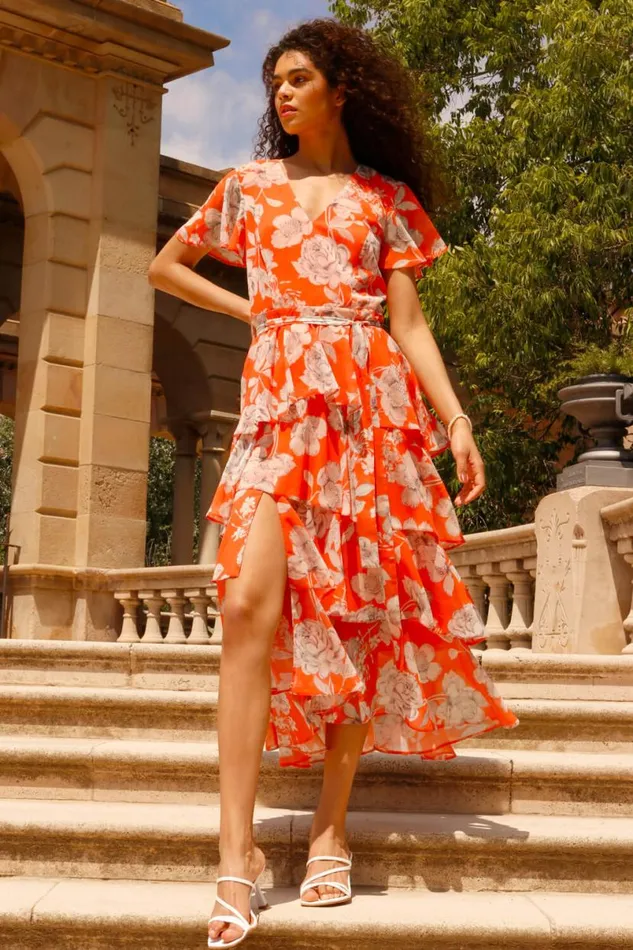 Orange Floral Print Chiffon Tiered Midi Dress Women Roman Dresses