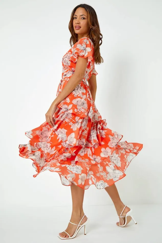 Orange Floral Print Chiffon Tiered Midi Dress Women Roman Dresses