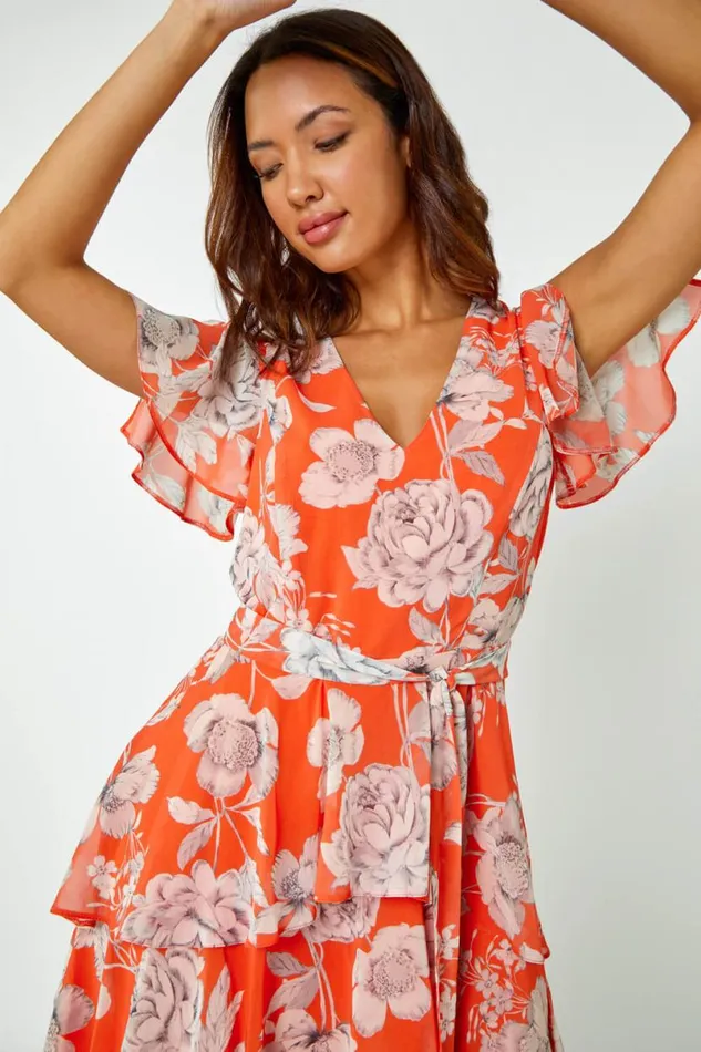 Orange Floral Print Chiffon Tiered Midi Dress Women Roman Dresses