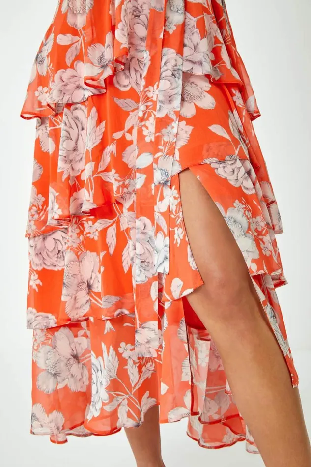 Orange Floral Print Chiffon Tiered Midi Dress Women Roman Dresses