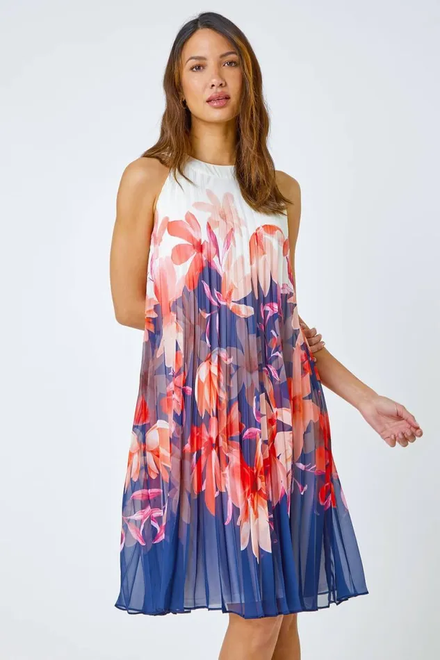 Orange Floral Print Pleated Swing Dress Women Roman Dresses