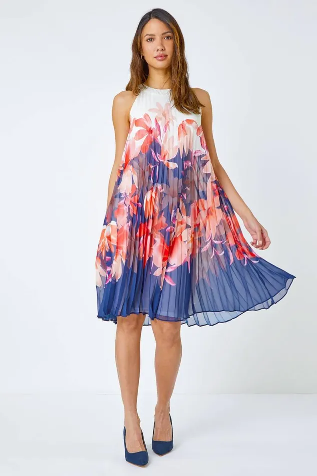 Orange Floral Print Pleated Swing Dress Women Roman Dresses