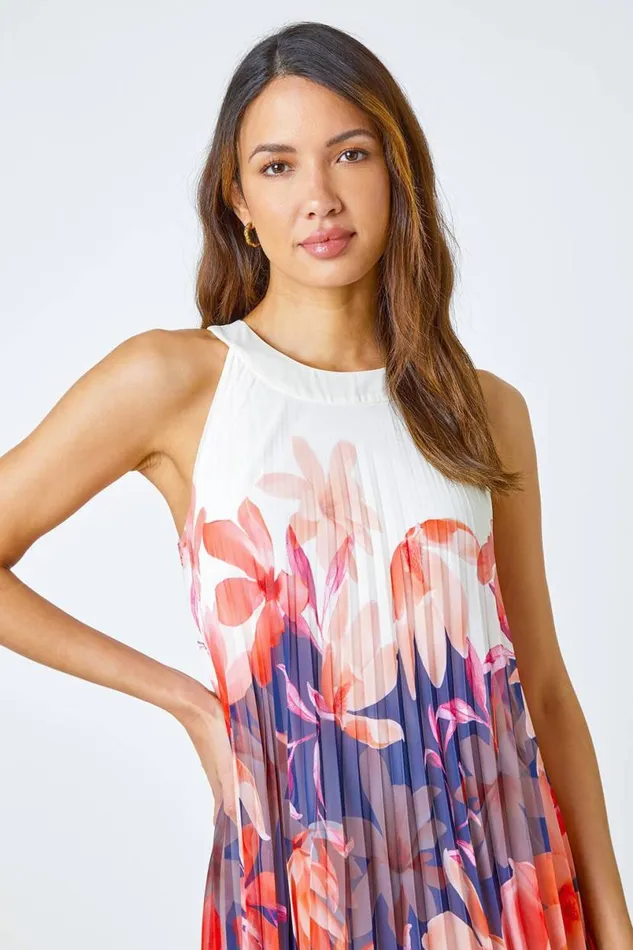 Orange Floral Print Pleated Swing Dress Women Roman Dresses