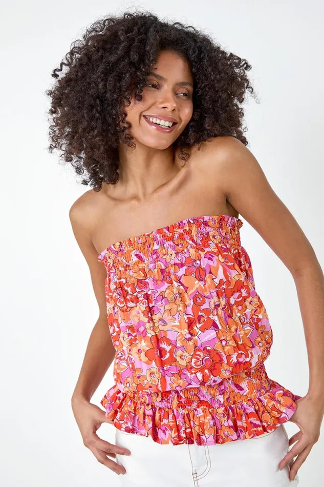 Orange Floral Print Stretch Bandeau Top Women Roman Tops