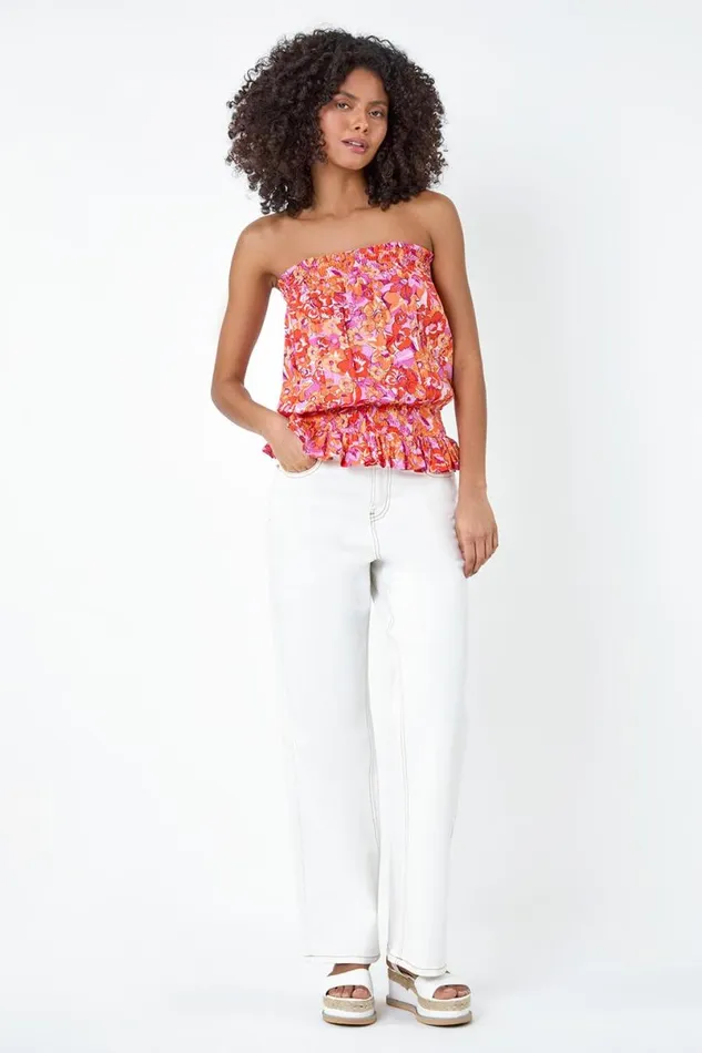 Orange Floral Print Stretch Bandeau Top Women Roman Tops