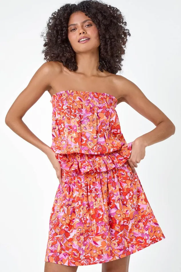Orange Floral Print Stretch Bandeau Top Women Roman Tops