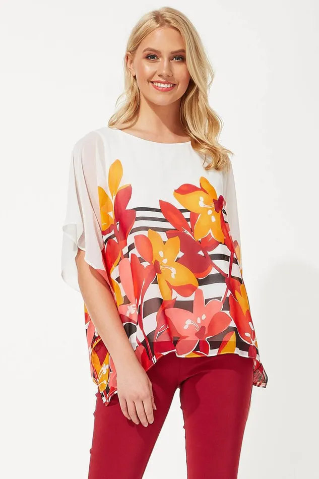 Orange Floral Stripe Print Chiffon Top Women Roman Tops