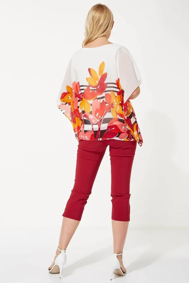 Orange Floral Stripe Print Chiffon Top Women Roman Tops