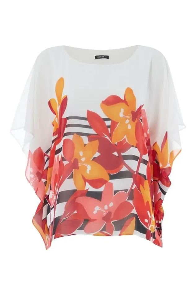 Orange Floral Stripe Print Chiffon Top Women Roman Tops