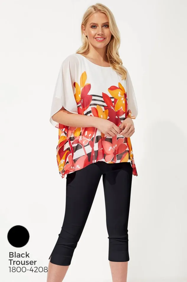Orange Floral Stripe Print Chiffon Top Women Roman Tops