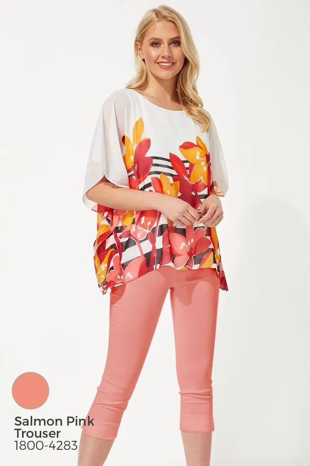 Orange Floral Stripe Print Chiffon Top Women Roman Tops