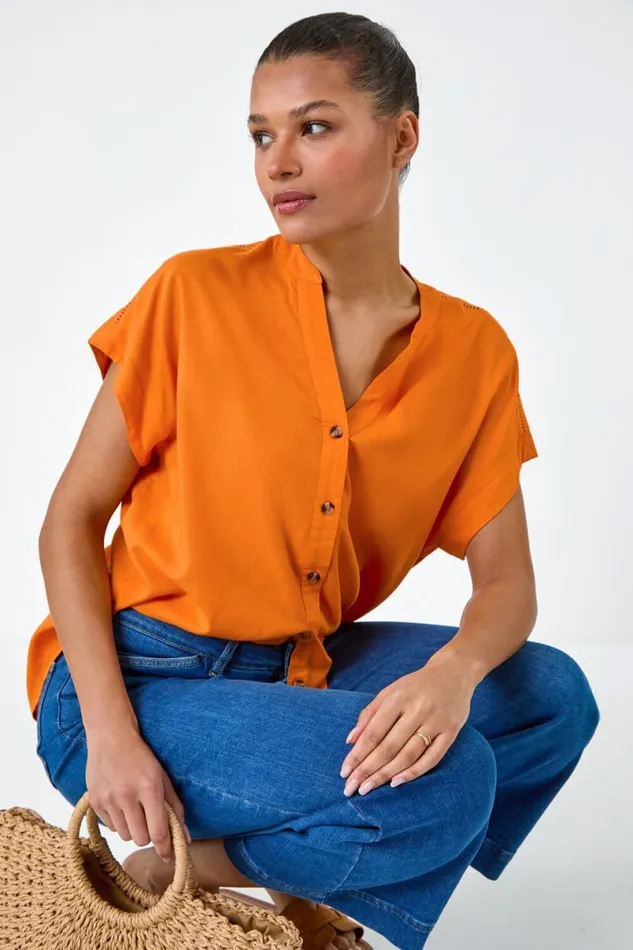 Orange Plain Button Through Relaxed VNeck Shirt Women Roman Tops