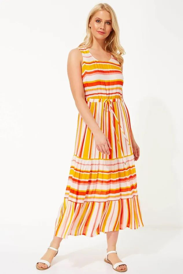 Orange Stripe Tiered Maxi Dress Women Roman Dresses