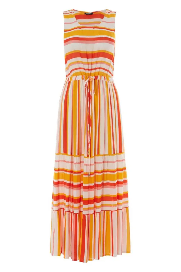Orange Stripe Tiered Maxi Dress Women Roman Dresses