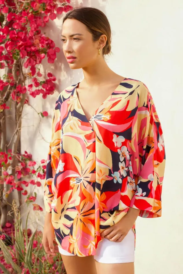Orange Tropical Print Relaxed VNeck Kimono Top Women Roman Tops