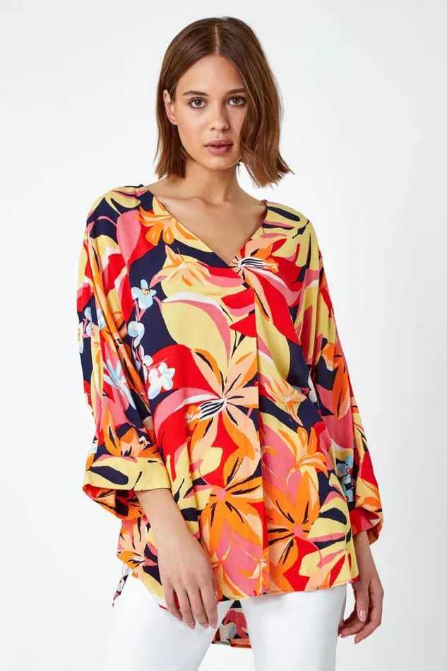 Orange Tropical Print Relaxed VNeck Kimono Top Women Roman Tops