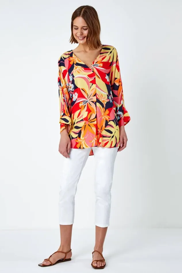 Orange Tropical Print Relaxed VNeck Kimono Top Women Roman Tops