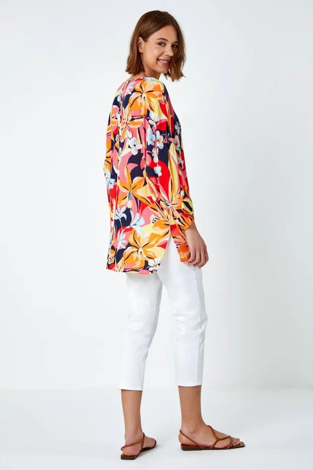 Orange Tropical Print Relaxed VNeck Kimono Top Women Roman Tops