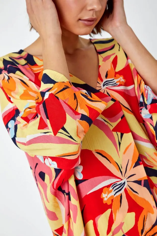 Orange Tropical Print Relaxed VNeck Kimono Top Women Roman Tops