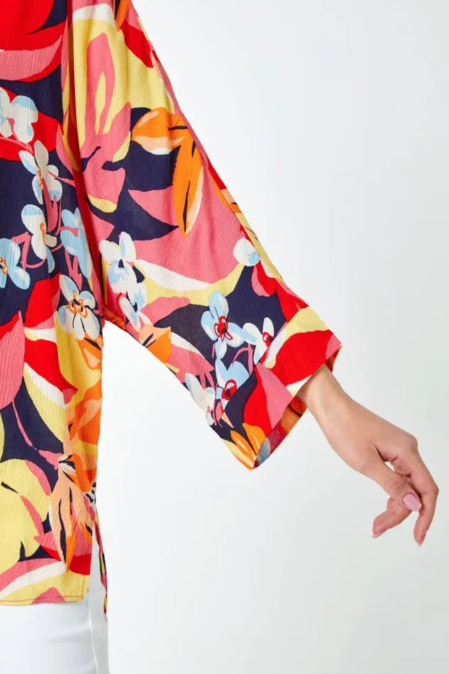 Orange Tropical Print Relaxed VNeck Kimono Top Women Roman Tops
