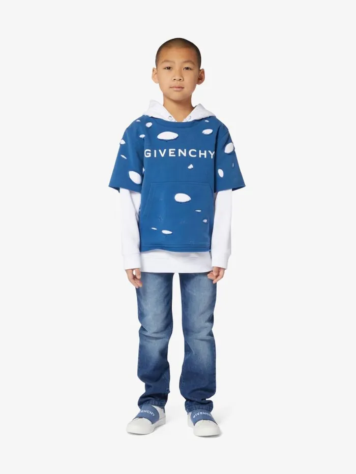 Overlapped Hoodie In Destroyed Fleece Mineral Blue Kids Givenchy