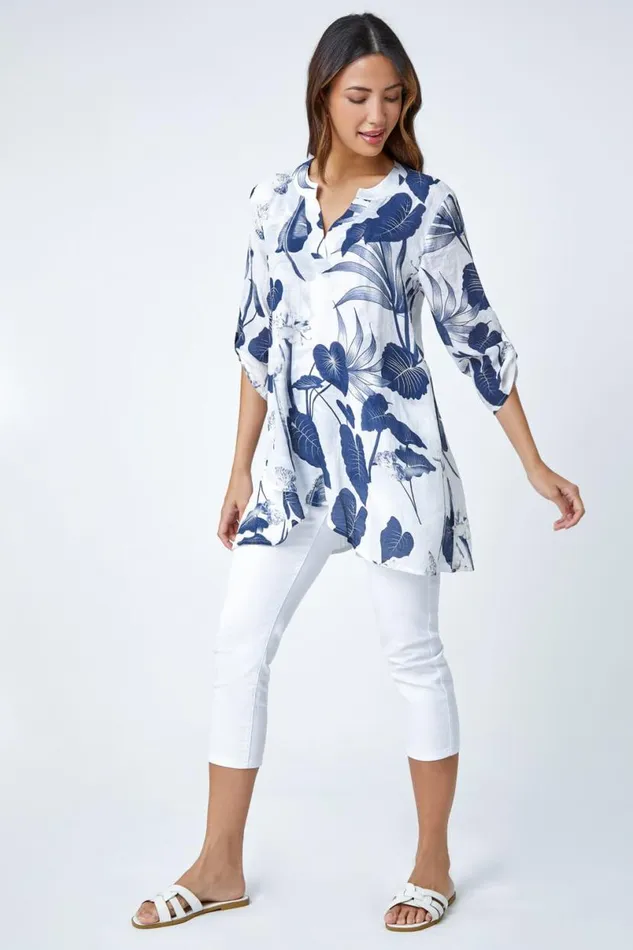 Palm Print VNeck Wrap Hem Tunic Top Women Roman Tops
