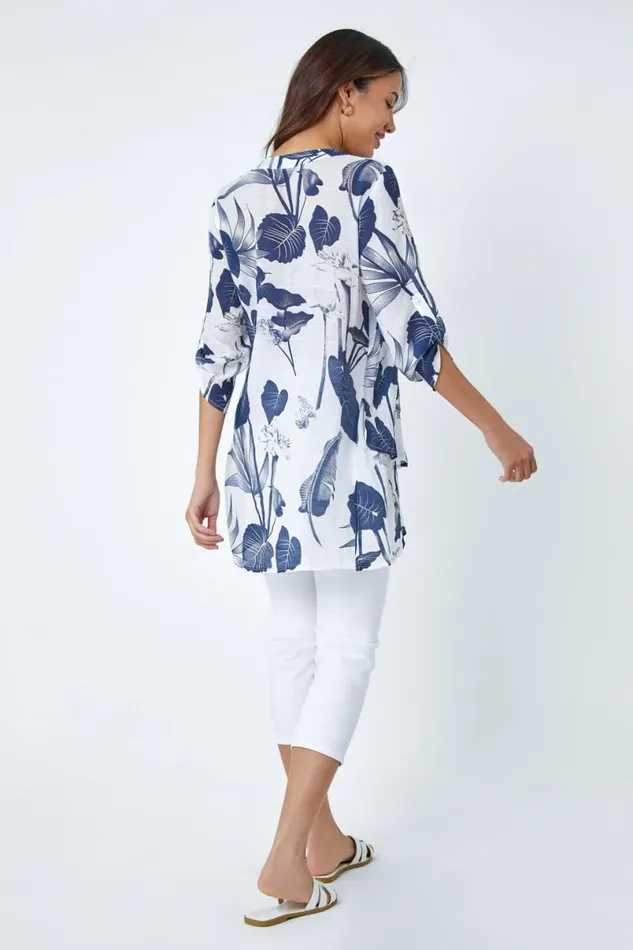 Palm Print VNeck Wrap Hem Tunic Top Women Roman Tops