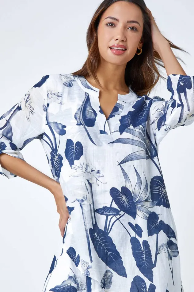 Palm Print VNeck Wrap Hem Tunic Top Women Roman Tops