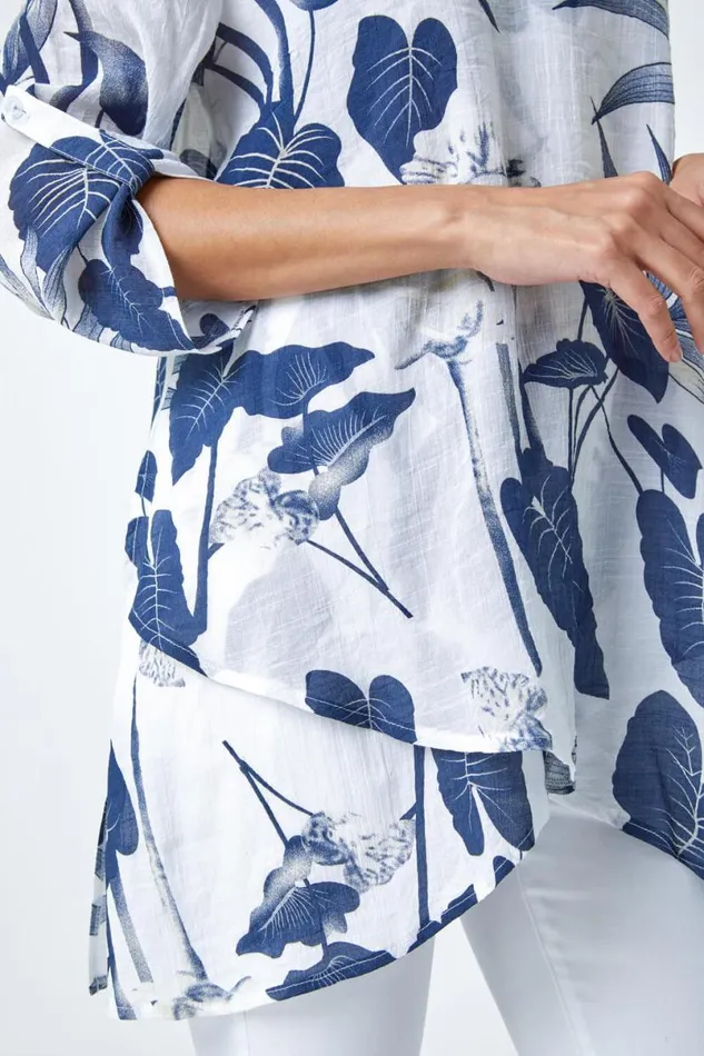 Palm Print VNeck Wrap Hem Tunic Top Women Roman Tops