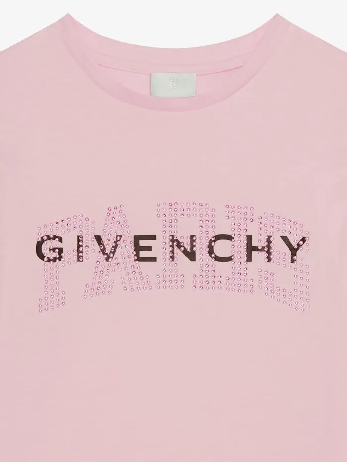 Paris TShirt In Cotton With Rhinestones Light Pink Kids Givenchy