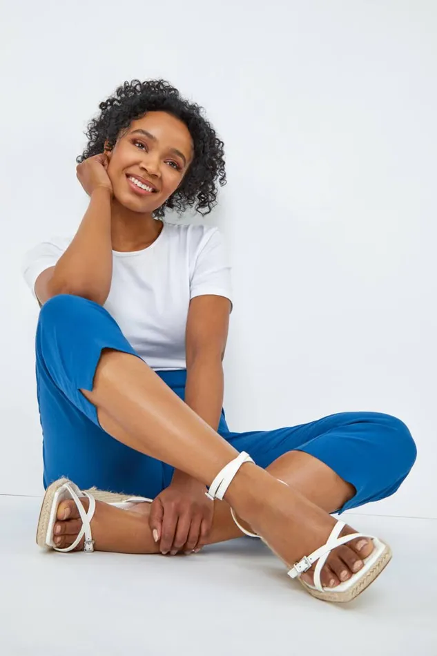 Petrol Blue Petite Elastic Waist Stretch Cropped Trouser Women Roman Trousers