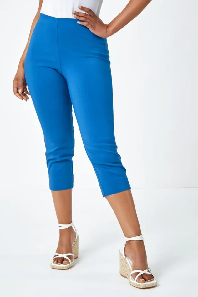 Petrol Blue Petite Elastic Waist Stretch Cropped Trouser Women Roman Trousers