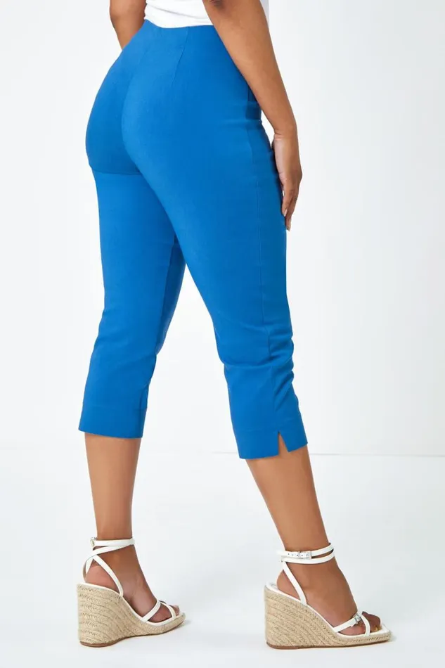 Petrol Blue Petite Elastic Waist Stretch Cropped Trouser Women Roman Trousers