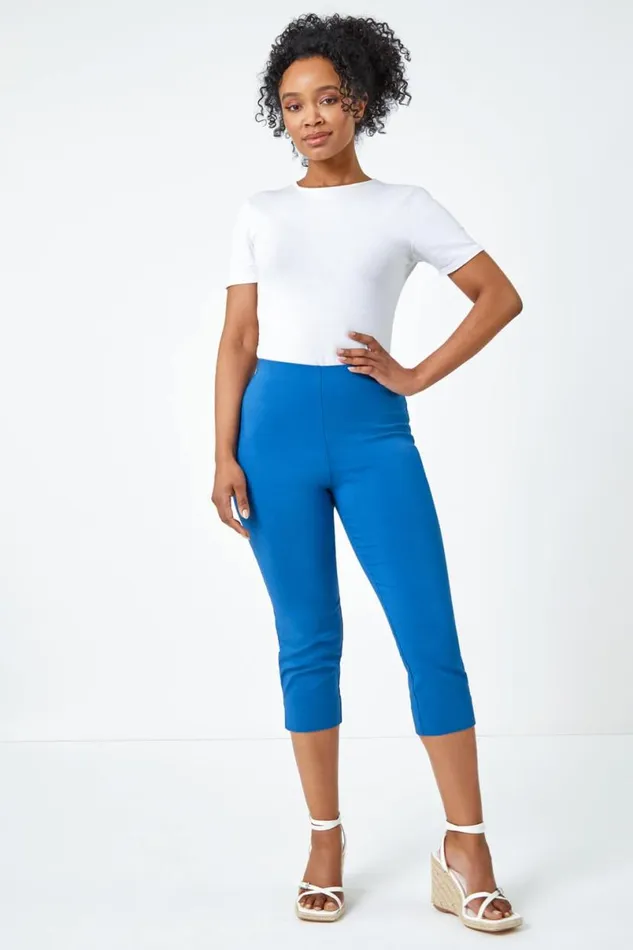 Petrol Blue Petite Elastic Waist Stretch Cropped Trouser Women Roman Trousers