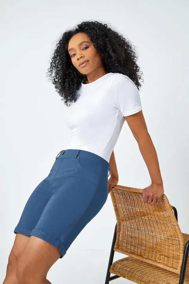 Petrol Blue Petite Turned Hem Elastic Waist Shorts Women Roman Coords