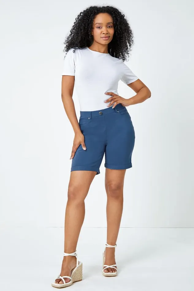 Petrol Blue Petite Turned Hem Elastic Waist Shorts Women Roman Coords