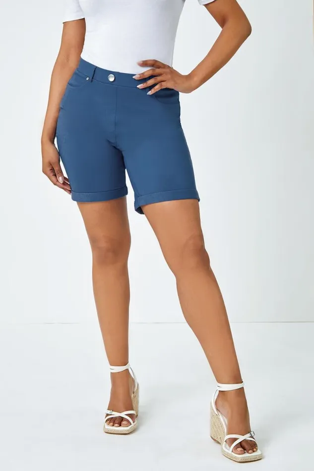 Petrol Blue Petite Turned Hem Elastic Waist Shorts Women Roman Coords