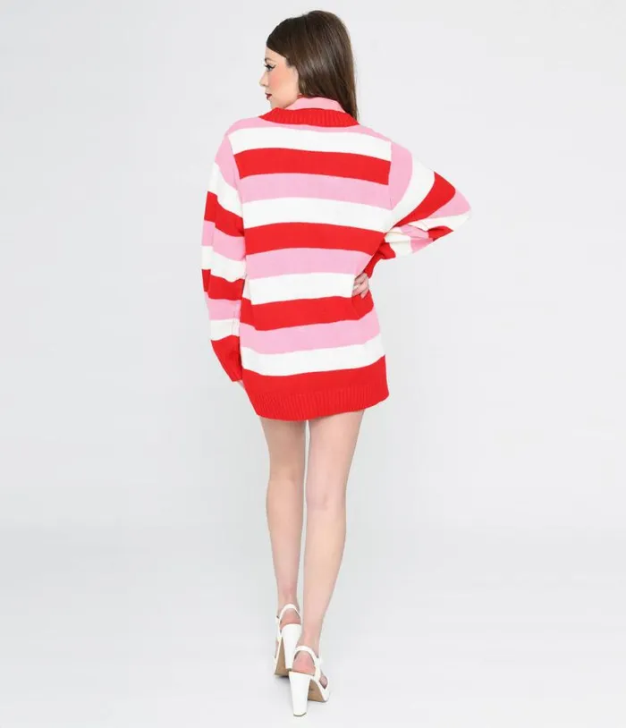 Pink and Red Striped Crochet Hearts Cardigan Clothing Unique Vintage Sweaters and Cardigans