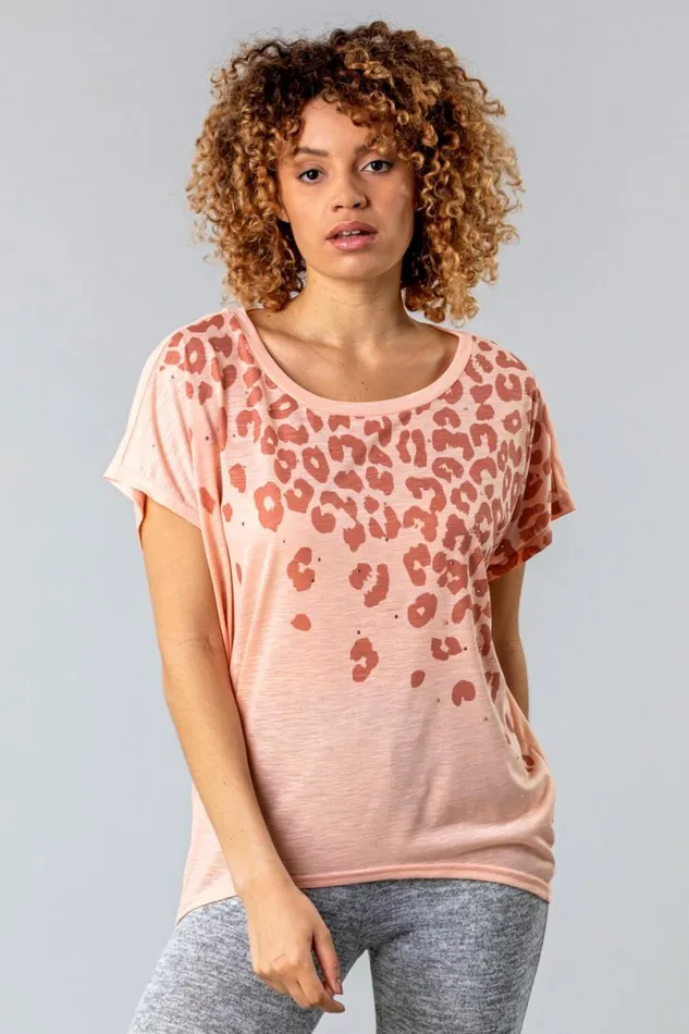 Pink Animal Print Diamante Embellished TShirt Women Roman Tops