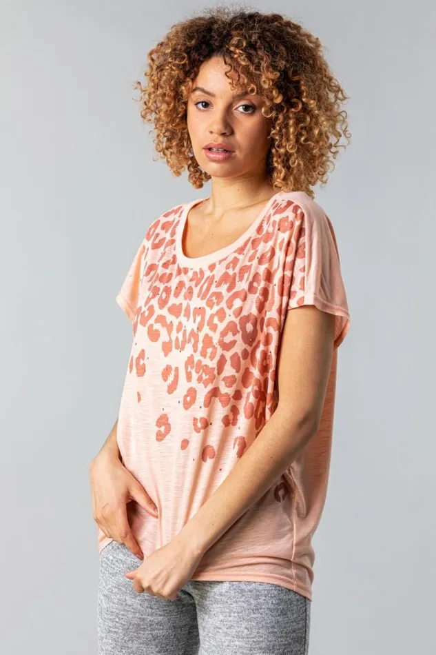 Pink Animal Print Diamante Embellished TShirt Women Roman Tops