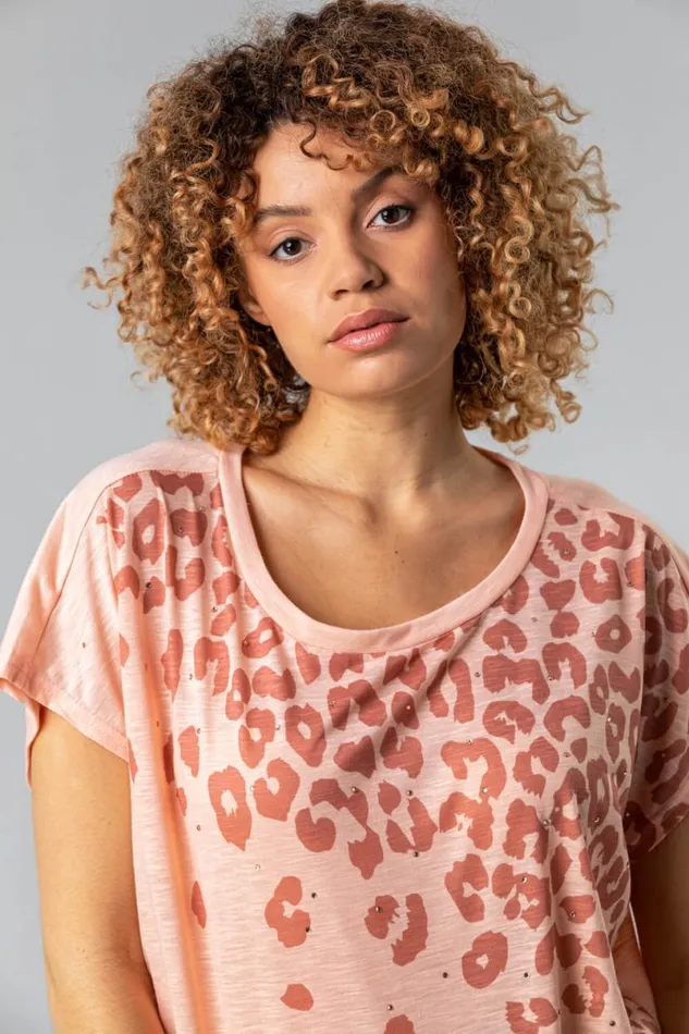 Pink Animal Print Diamante Embellished TShirt Women Roman Tops