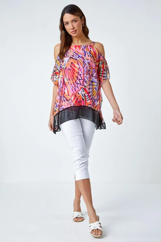 Pink Butterfly Contrast Cold Shoulder Chiffon Top Women Roman Tops