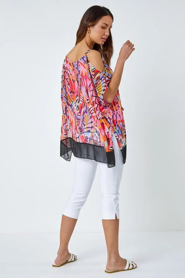 Pink Butterfly Contrast Cold Shoulder Chiffon Top Women Roman Tops
